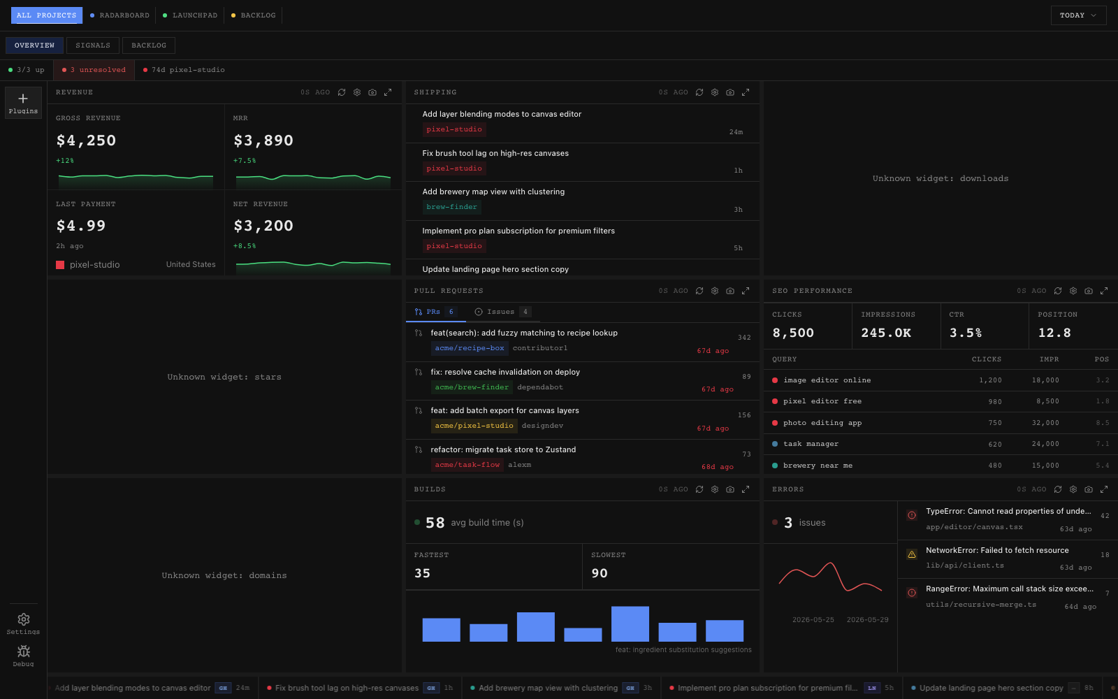 Radarboard dashboard showing revenue, release activity, growth, and health widgets